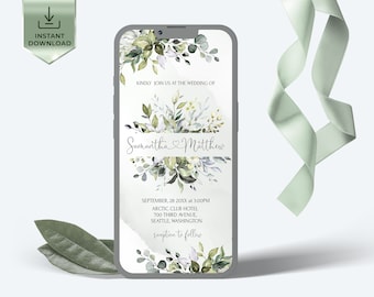 May include: A digital wedding invitation with a green and white floral design. The text reads "Kindly join us at the wedding of Samantha & Matthew September, 28 20XX at 3:00PM Arctic Club Hotel 700 Third Avenue, Seattle, Washington reception to follow"