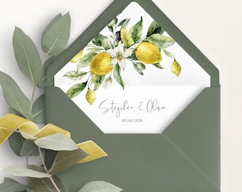 Lemon Wedding Envelope Liner Template: Watercolor Citrus (Digital Download)