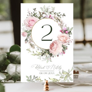 Modelo de números de mesa de rosas selvagens, cartão de número de mesa de casamento rosa imprimível, cartão de números de mesa editável de flores casamento TEA ROSE | LE200