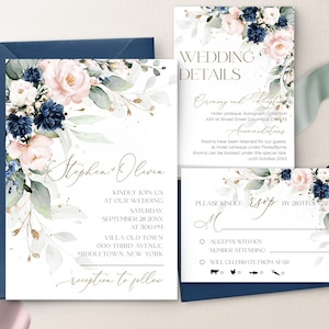 Navy Blue Wedding Invitation Bundle Template Printable Royal Blue Blush Pink Wedding Invite Suite Editable Pink Wedding invite Set Harper