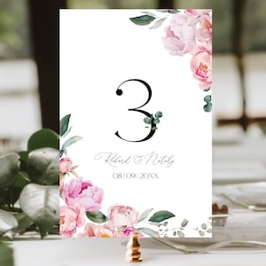 Modelo de números de mesa de peônia | Números de mesa de casamento rosa para impressão | Cartão de números de mesa editáveis com flores em aquarela