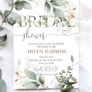 Sage Green Bridal Shower Invitation Template, Printable Greenery & Gold Bridal Shower Invite, Editable Eucalyptus invite, ROYALTY LE410