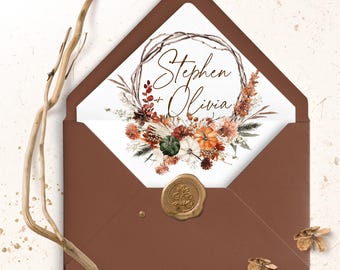 Autumn Wedding Envelope Liner Template: Terracotta Pumpkin Floral (Printable)