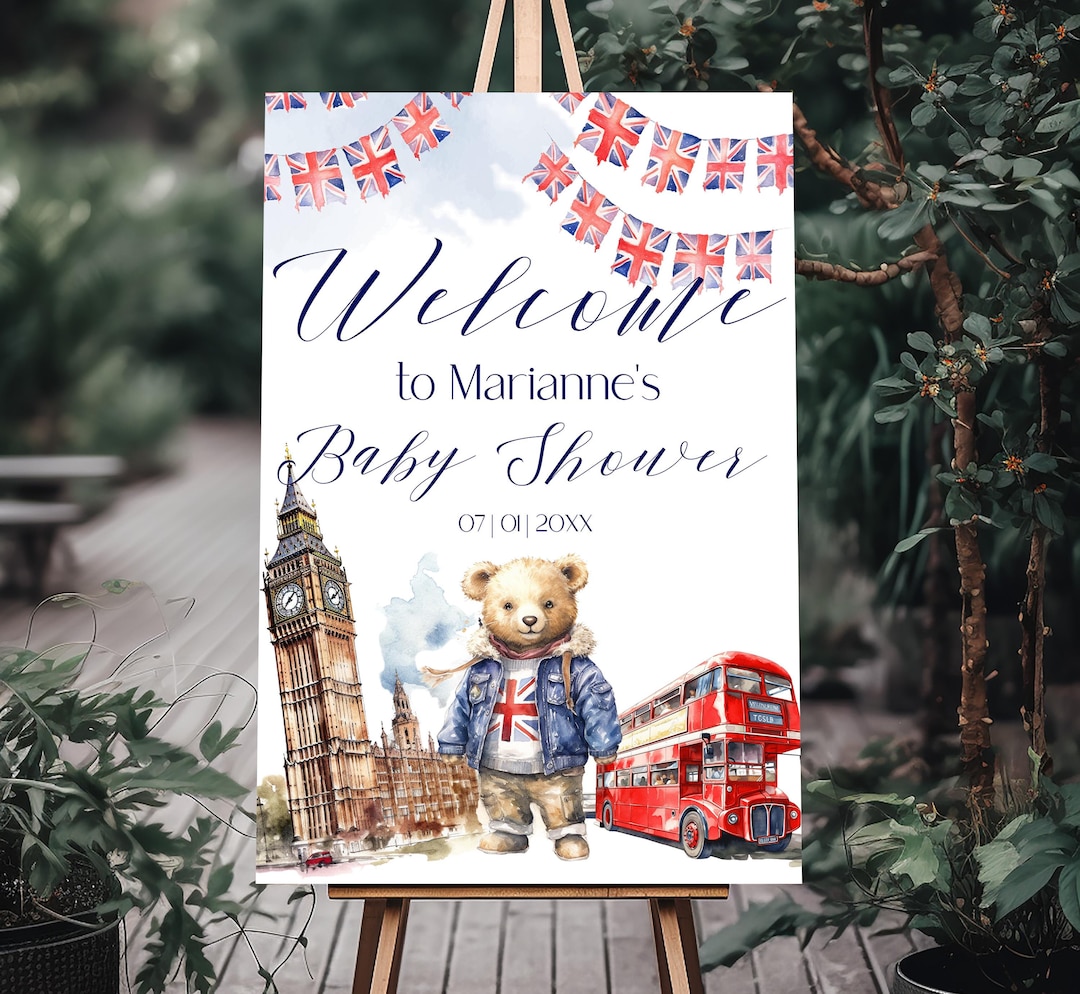 London Baby Shower Sign Template, Printable British Bear Baby