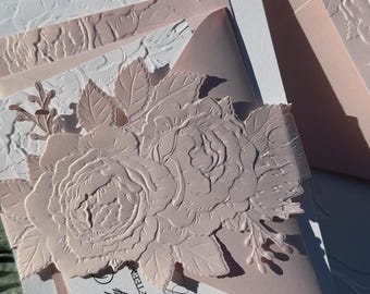 Embossed Pink Wedding Invitation set, Blush Pink, Pearl Paper, Roses