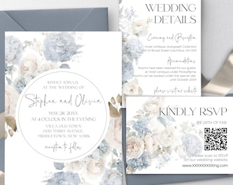 May include: Wedding invitation with a blue and white floral design. The invitation features the names Stephen and Olivia, the date May 28, 20XX, and the time 4 o'clock in the evening. The invitation also includes the location Villa Old Town, 000 Third Avenue, Middletown, New York. The invitation states "Reception to follow".