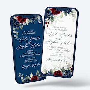 Navy Blue Burgundy Wedding Invitation Digital | Royal Blue Wine Flowers ELectronic Wedding Invite | Modern Wedding Invitation