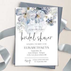 Bloom Blue Bridal Shower Invitation Template | Printable Soft Blue Bridal Shower Invite and Rsvp | Dusty Blue invite for Bridal Shower | SKY