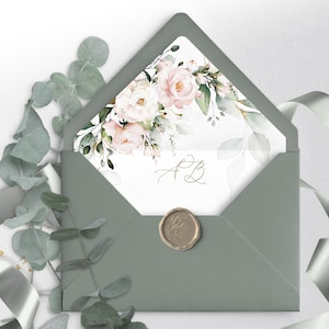 BLUSH PINK Umschlag-Vorlage | Soft Pink und Eukalyptus Liner für Umschlag | Moderne Hochzeit Liner Basteln | ROSIE LE350
