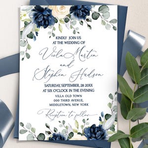 Navy Blau Hochzeitseinladung Vorlage | Royal Blau Hochzeit Einladen | Blau und Elfenbein Hochzeit einladen | Moderne Blumenhochzeits-Einladung