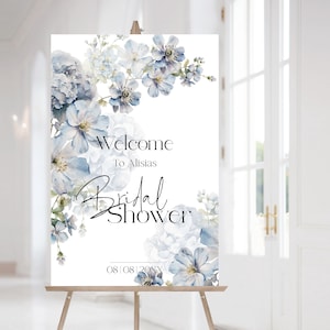 Letrero de bienvenida para despedida de soltera Bloom Blue, letrero imprimible azul para despedida de soltera, póster floral para despedida de soltera / Plantilla editable SKY / LE100