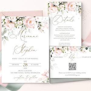 Hochzeitseinladungspaket mit QR-Code-Vorlage, druckbare Hochzeitseinladung in zartem Rosa, bearbeitbare Hochzeitseinladung in rosa | ROSIE LE350