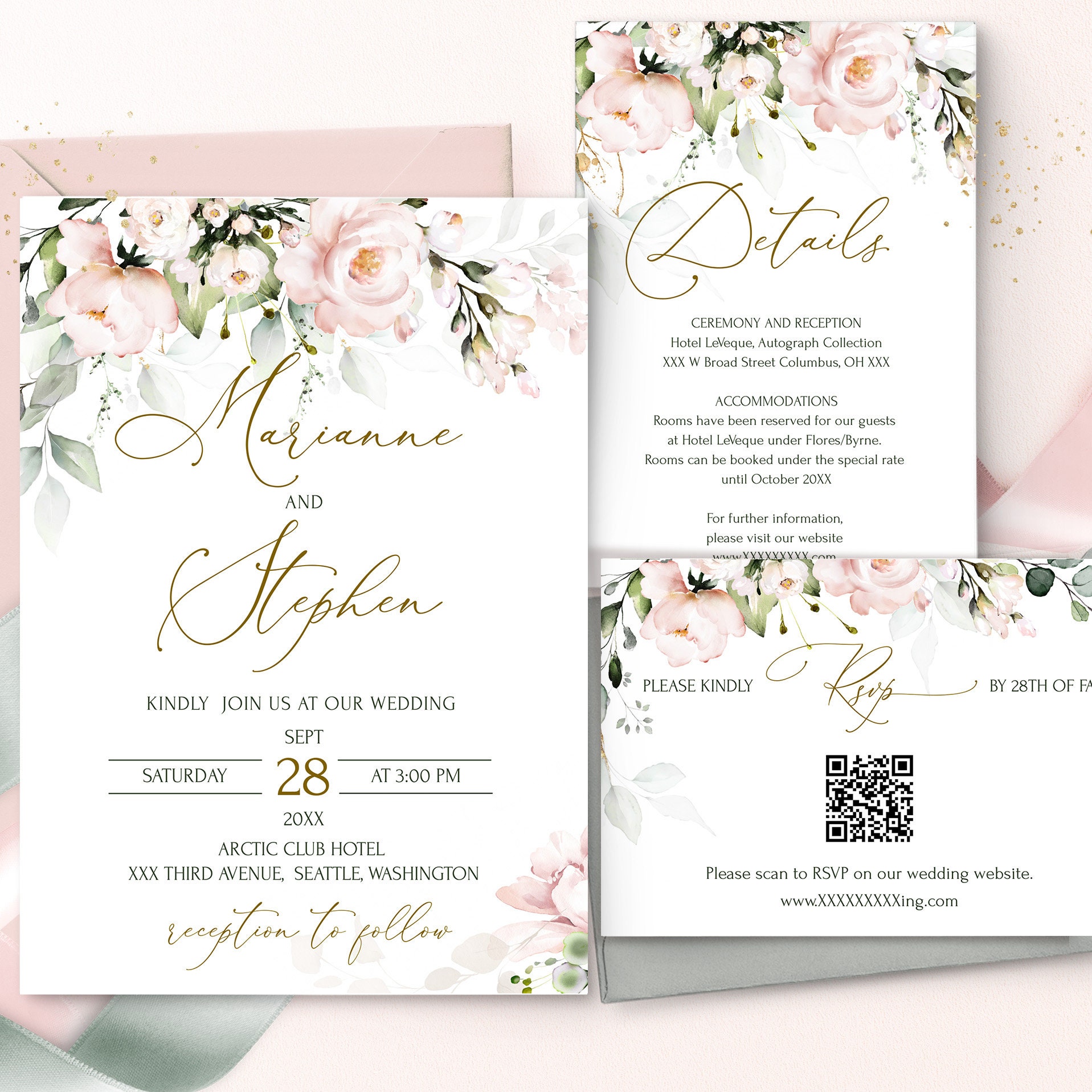 Wedding Invitation Bundle With Qr Code Template Printable Soft Pink Wedding  Invite Suite Editable Blush Pink Wedding Invites Set ROSIE - Etsy