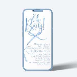 Sjabloon voor digitale uitnodiging babyshower blauw, jongens blauwe uitnodiging babyshower handgetekende babyshower, handgeschreven uitnodiging voor Oh Boy