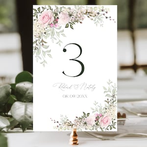 Modello numeri tavolo Tea Rose, numeri tavolo matrimonio stampabili Blus Pink, scheda numeri tavolo modificabili Garden Roses, floreale / LE200