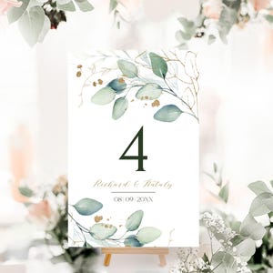 Saliegroen tafelnummersjabloon | Afdrukbare groen gouden bruiloft tafelnummers | Eucalyptus tafelnummerkaart | Tafeldecor VESNA