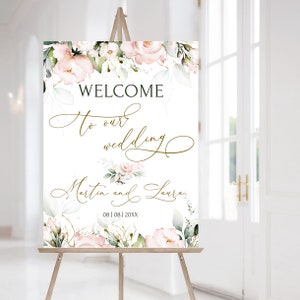 Modèle de plaque de bienvenue pour mariage rose bleuté, plaque de bienvenue modifiable rose blush, affiche de bienvenue imprimable, panneau de bienvenue rose tendre ROSIE LE350