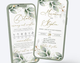 May include: A wedding invitation with a green and gold floral design. The invitation is for Marianne and Stephen's wedding on September 28th at 3:00 PM at the Arctic Club Hotel in Seattle, Washington. The invitation includes details about the ceremony and reception, as well as accommodations.