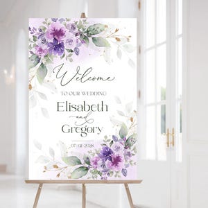 Printable purple wedding welcome board with lilac flowers, editable Canva template