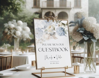 Dusty Blue Floral Wedding Guestbook Sign Template (Printable)