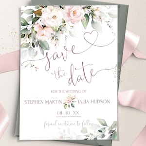 Blush Pink Save the Date Vorlage, druckbares Soft Pink Save the Date Einladung, bearbeitbare rosa Blumen Speichern unsere Datumskarte, ROSE LE270