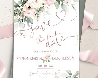 Save the Date Template, Printable Soft Pink Save the Date invitation, Editable Blush Pink flowers Save our Date Card Download, ROSE
