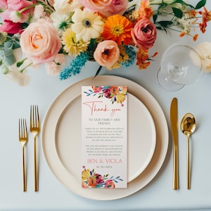 Plantilla de tarjeta de agradecimiento para menú de boda brillante / Menú imprimible en amarillo, rojo y lila / Menú de boda editable / Menú de cena de brunch