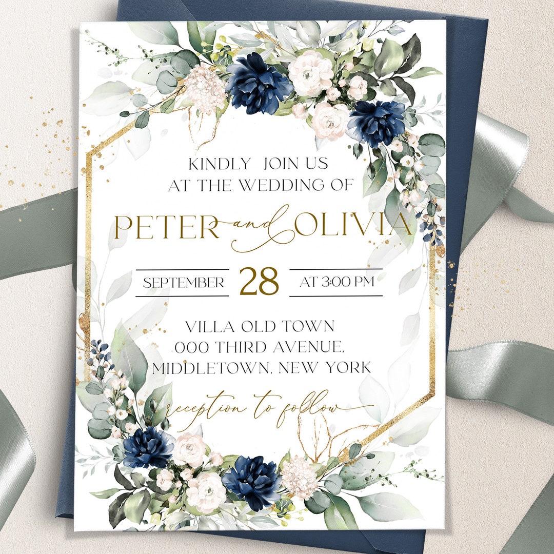 Royal Blue Wedding Invitation Template Printable White Floral Wedding