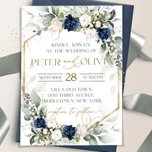 Royal Blau Hochzeitseinladung Vorlage Printable Weiß Blumen Hochzeit einladen Gold Geometrisch bearbeitbar Blau Marine Hochzeit lädt OTTO LE300 ein