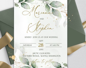 Sage Green Wedding Invitation Template | Greenery Gold Wedding Invite | Greenery Eucalyptus Invite | Modern Eucalyptus Wedding | GRACE