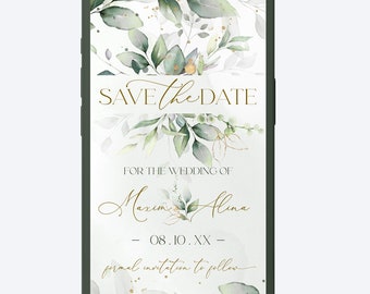 Sage Green Wedding Digital Save the Date | Eucalyptus Wedding Electronic Save the date | Greenery & Gold Editable Wedding Invite | GRACE