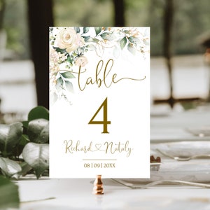 Sjabloon tafelnummers ivoor, afdrukbare tafelnummers met romige bloemen, Whire Rose bewerkbare tafelnummers bruiloft DIY MIA | LE150