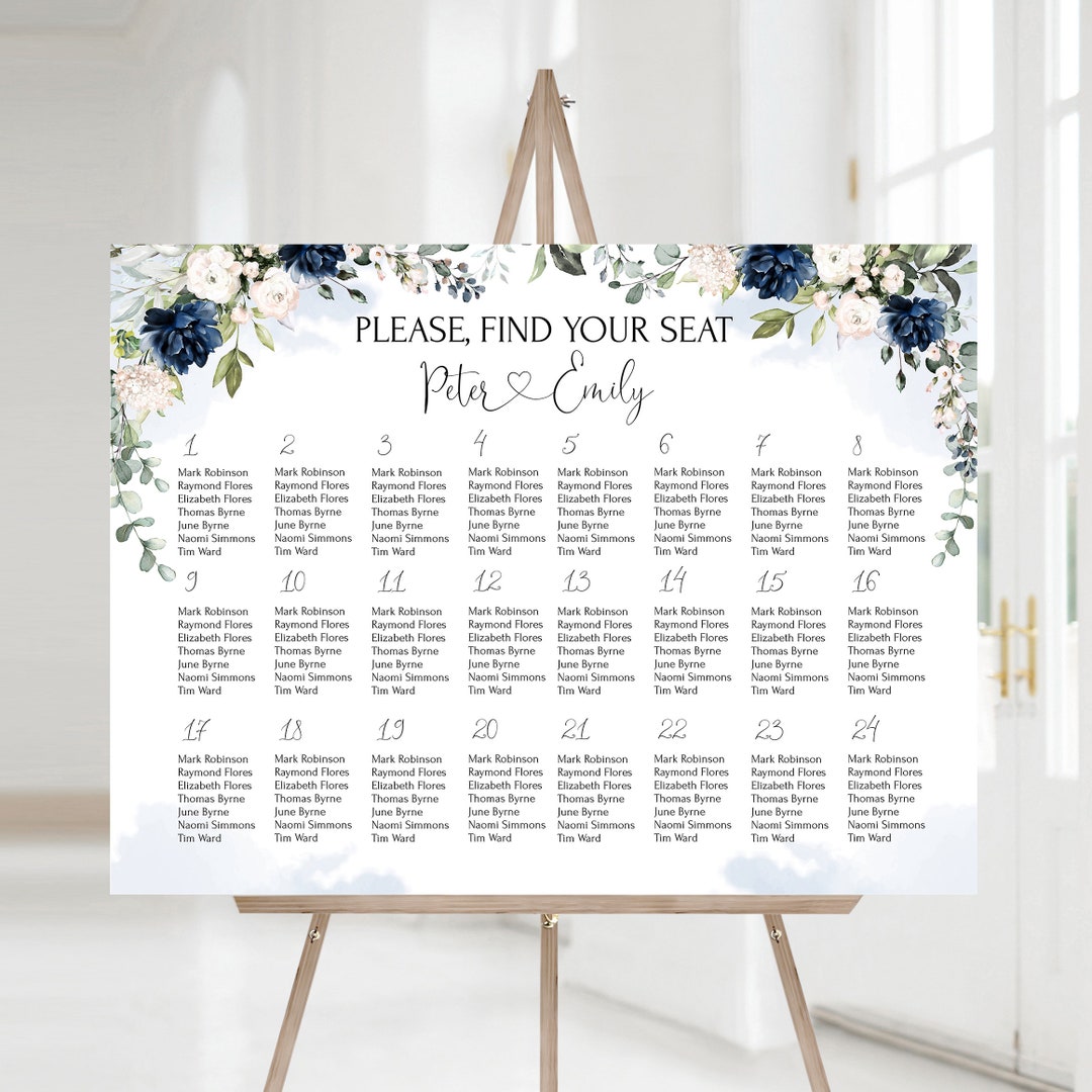 Royal Blue Wedding Seating Chart | Floral Printable Seating Plan | Navy ...