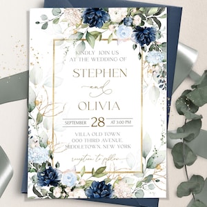 Royal Blaue Hochzeitseinladung Vorlage, Bedruckbare Hochzeitseinladung, Bearbeitbare Blaue Hochzeitseinladung | blaue Blumen Einladung | OTTO LE300
