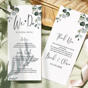 Minimalistische Hochzeitsmenü Vorlage | Druckbare Greenery Menü-Karte | Bearbeitbare moderne Abendkarte | Eukalyptus-Menükarte | EVA PF100