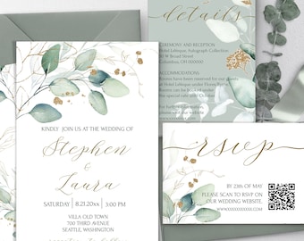 Sage Greenery Wedding Invitation Set: Gold Eucalyptus (Digital Download) VESNA