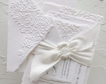 Embossed Wedding Invitations, Deckled Edge Handmade Cotton Paper, Roses Sage green