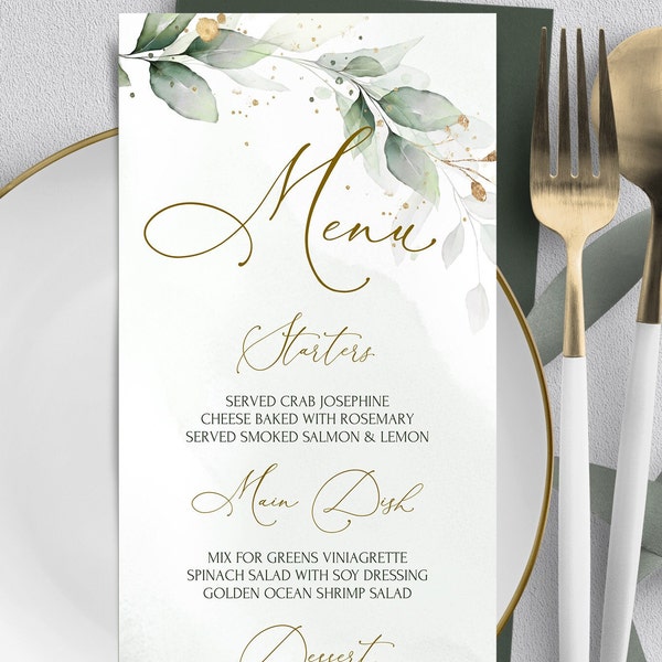 Modèle de menu de mariage d'eucalyptus | Carte de menu imprimable Verdure dorée | Menu du dîner modifiable | Carte de menu de mariage vert sauge | GRÂCE