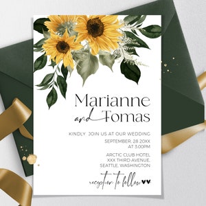 SUNFLOWER Wedding Invitation Template | Rustic Printable Wedding Invite with foto | Flowers Editable Invites for wedding Yellow