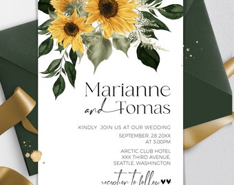 SUNFLOWER Wedding Invitation Template | Rustic Printable Wedding Invite with foto | Flowers Editable Invites for wedding