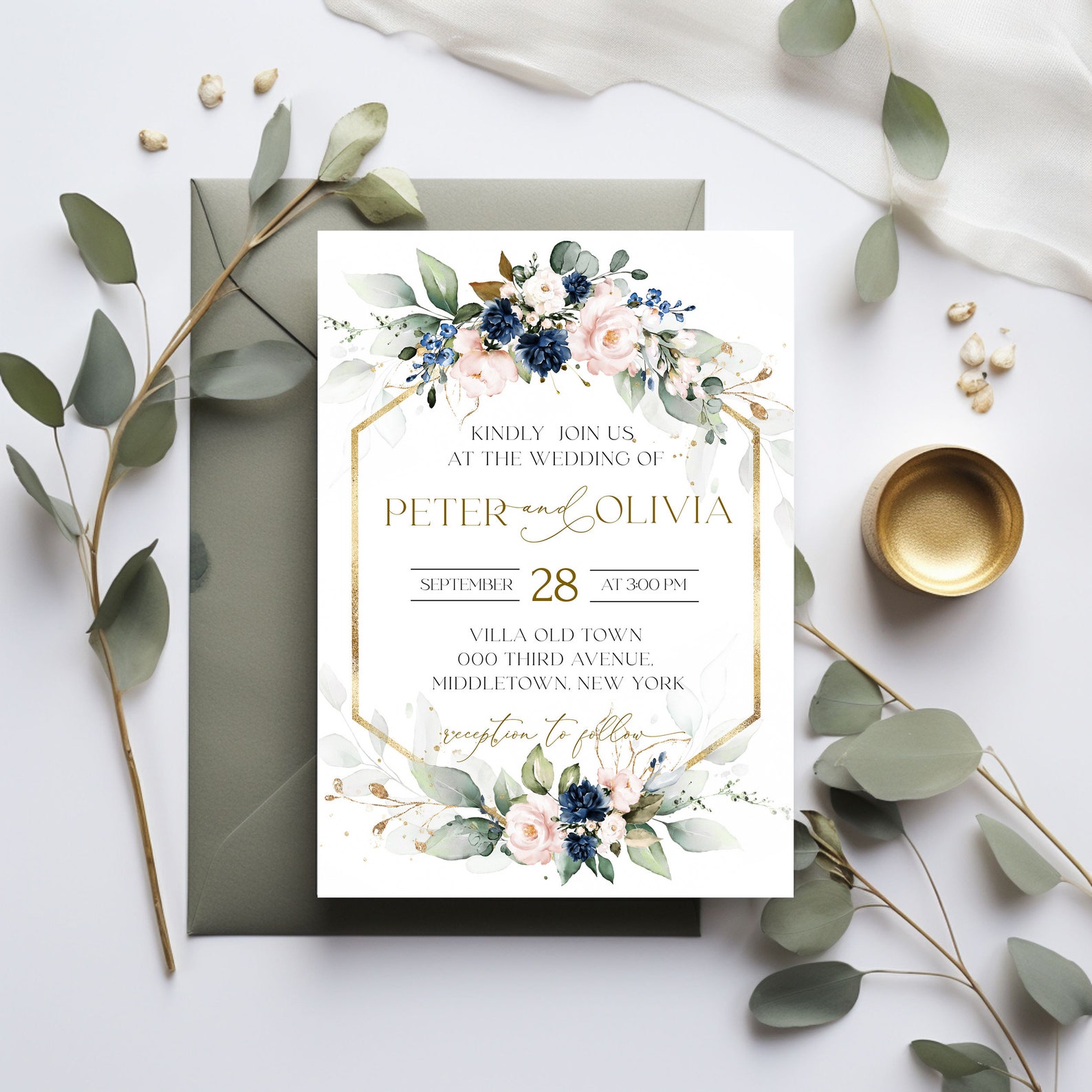 Blush Pink Blue Navy Wedding Invitation Bundle Template Printable Royal ...