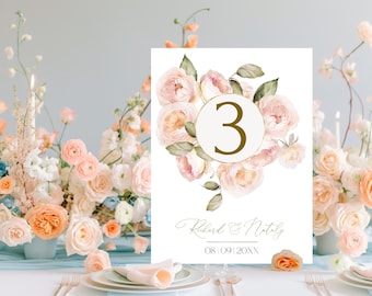 Peach Wedding Table Numbers, Peach Table Number Template, Seating