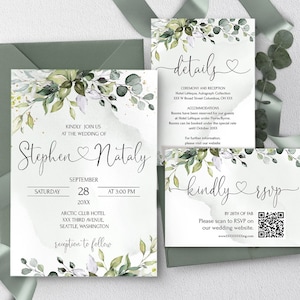 Green Wedding Invitation Set Template, Printable Eucalyptus Wedding Invite, Editable Wedding invites Bundle Download, DIY HEART | LE170