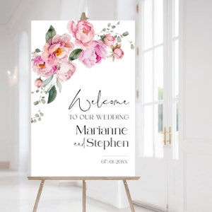 Plantilla de letrero de bienvenida para boda con peonías / Póster de bienvenida rosa editable / Tablero de bienvenida para boda con peonías imprimible / Bienvenidos a nuestra boda