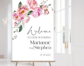 PIVOINE - Modèle de plaque de bienvenue pour mariage | Poster de bienvenue rose modifiable | Tableau de bienvenue imprimable pour mariage de pivoines | Bienvenue à notre mariage