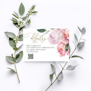 Plantilla de tarjeta de registro de regalos de peonía rosa / Tarjeta adjunta de registro de bodas de peonías editables / Inserto de registro de regalos de boda