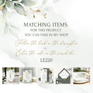 May include: A promotional image with text that reads "MATCHING ITEMS FOR THIS PRODUCT YOU CAN FIND IN MY SHOP". It also says "Follow the link in the description or Enter the code in the search box LE220". The image includes examples of wedding stationery.