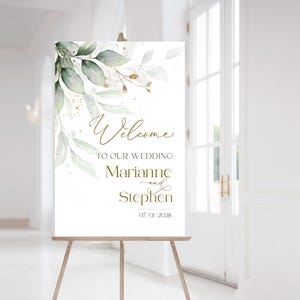 Plantilla de letrero de bienvenida para boda en color salvia / Póster de bienvenida imprimible con vegetación dorada / Tablero de eucalipto para boda / Plantilla editable GRACE / LE220