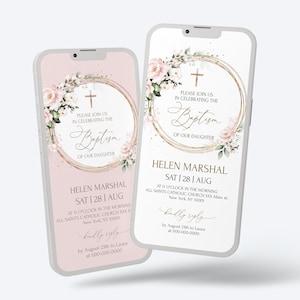 Baptism Digital Invitation Template, Blush Pink Baptism Electronic Invite | Editable Soft Pink Baptism Online iPhone invite | ROSIE LE350