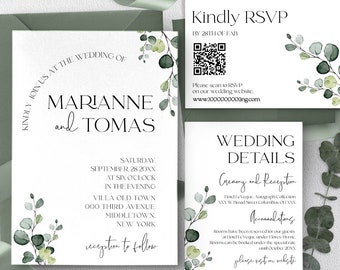 Modèle de bundle d’invitation minimaliste élégant | Ensemble d'invitations de mariage moderne | Rsvp avec code Qr Suite de mariage Eucalyptus et verdure | EVA